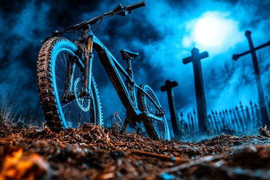 A gothic-style bike parked in a misty graveyard, with intricate wrought-iron details and an eerie moonlit backdrop