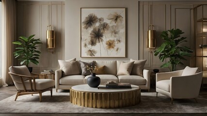 AI-generated modern home living room with a luxury hotel style, featuring USA-inspired design, bold accents, and natural materials, set in diverse environments to create elegant, dynamic stock imagery