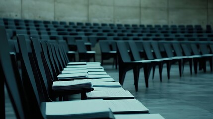 Naklejka premium Empty meeting room with scattered budget papers and vacant chairs, symbolizing the aftermath of intense decision-making and strategic planning sessions.