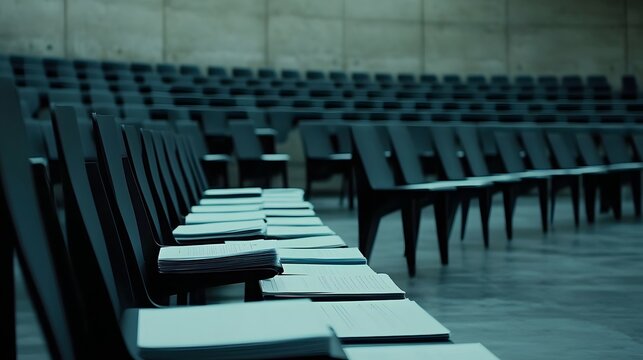 Empty meeting room with scattered budget papers and vacant chairs, symbolizing the aftermath of intense decision-making and strategic planning sessions.