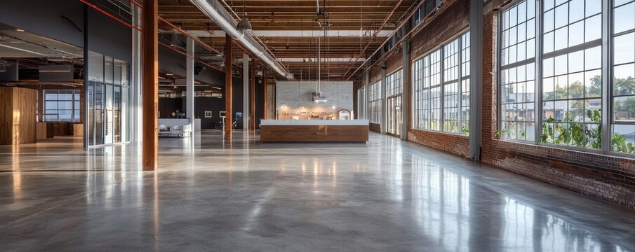 Warehouse with elevated ceilings and sleek concrete floors, multipurpose.