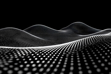 Abstract 3D wave pattern with glowing dots, futuristic black and white digital terrain, modern technology aesthetics, dynamic grid visualization, innovative data-driven design