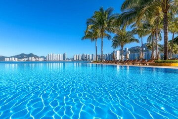 A luxurious hotel pool overlooking the ocean in Florian&Atilde;&sup3;polis, with palm trees swaying gently in the breeze