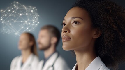 A determined healthcare professional envisions the future of medicine while colleagues offer support, showcasing innovation and teamwork in a modern medical environment.
