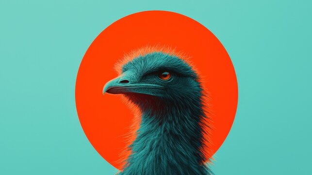 Artistic Emu Portrait  Teal Bird  Orange Circle  Minimalist Design