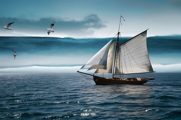 Ocean Sailing Ship, Birds in Flight, Dramatic Cloudscape