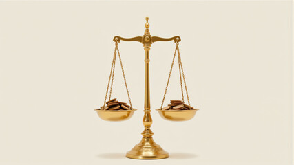 Golden Balance Scale with Coins on Blank Background &ndash; Symbol of Investment and Stability