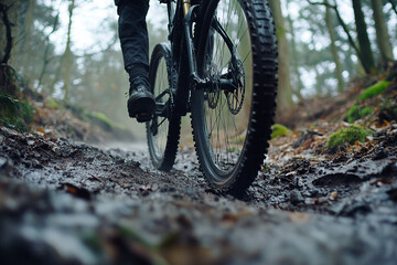 Mountain biker ride down from hill. Close up wheel image. Active and sport leisure concept