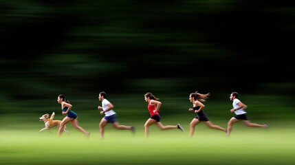 Obraz premium Group of Diverse Runners in Motion with a Dog on a Lush Green Trail Conveying Team Spirit, Fitness Goals, and Outdoor Adventure in a Blurred Background Setting