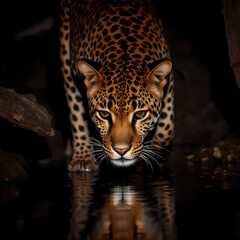 portrait of a leopard drink water on river