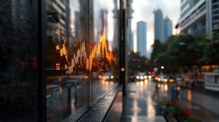 Urban financial market display showcasing stock price trends with dramatic city skyline in the background during a rainy evening with glowing lights.