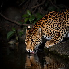 jaguar drink water on river