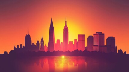 Fototapeta premium Vibrant Sunset Silhouette of Iconic Landmarks, a stunning view capturing the city's beauty as the sun sets behind recognizable structures, creating a dramatic skyline.