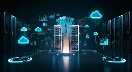 Futuristic Cloud Computing Data Center with Fiber Optics and Server Racks