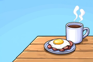 A pixel art breakfast scene with a steaming mug of coffee, a plate of sunny-side-up eggs, and animated steam rising from the food