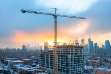 Urban Construction Landscape with Crane in City During Sunset Glow Illuminating Skyscrapers and Building Framework against a Dramatic Cloudy Sky
