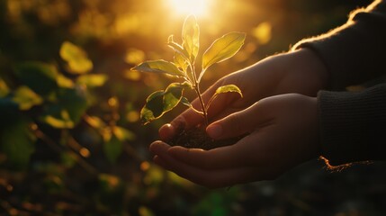 Fototapeta premium Hands holding a small plant at sunrise symbolizing environmental care