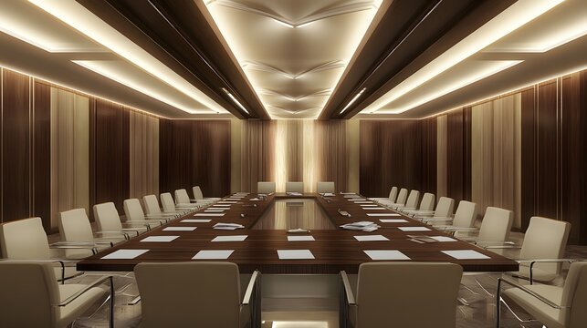 Empty meeting room with scattered budget papers and vacant chairs, symbolizing the aftermath of intense decision-making and strategic planning sessions.