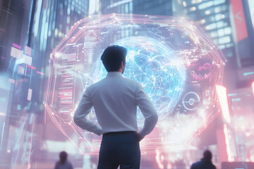  A visionary professional observing a glowing digital globe with interconnected networks, data visualizations, and futuristic analytics, symbolizing global connectivity and innovation