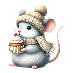 Diese bezaubernde Wintermaus hält einen köstlichen Cupcake und trägt eine warme Strickmütze. Ein liebevolles Motiv, das Wintergemütlichkeit und süße Momente perfekt vereint – ideal für alle Winterfans