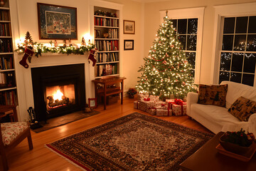A cozy Christmas living room with a decorated tree, twinkling lights, and a glowing fireplace, creating a warm holiday atmosphere