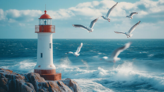 Close-up of lighthouse with seagulls circling above, ocean in the background - Natural and scenic, midday light
