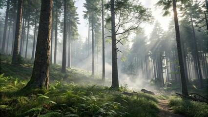 Fototapeta premium Soft puffs of white mist ascend from a dense forest floor, atmosphere, scenery