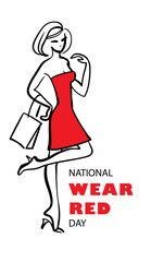 National Wear Red Day - text with different fonts. Woman in red dress . Vector illustration.