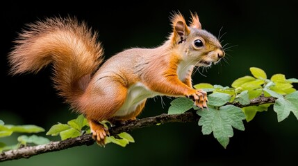 Agile Red Squirrel Leaping on Branch  Lush Green Foliage  Wildlife Photography
