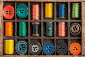 Fototapeta premium A sewing kit containing buttons, needles, and thread spools, organized neatly in a wooden box