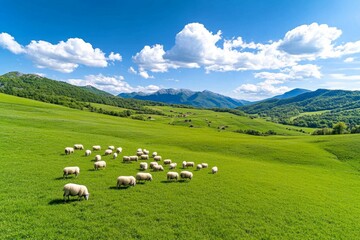 A shepherd with a flock of sheep grazing on the lush green pastures of Bjelasnica during spring