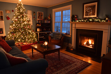 A cozy Christmas living room with a decorated tree, twinkling lights, and a glowing fireplace, creating a warm holiday atmosphere