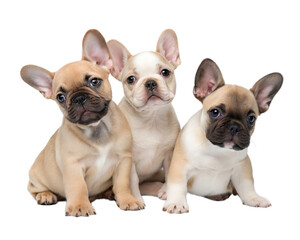 Fototapeta premium French bulldog puppies isolated on white background. Three French bulldog puppies sitting and looking at camera on white