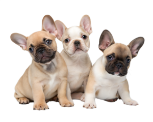 French bulldog puppies isolated on white background. Three French bulldog puppies sitting and looking at camera on white