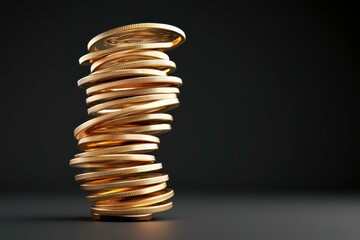 A Tower of Spiraling Gold Coins with a Dark Background Creating a Dynamic and Modern Visual Representation of Wealth and Prosperity