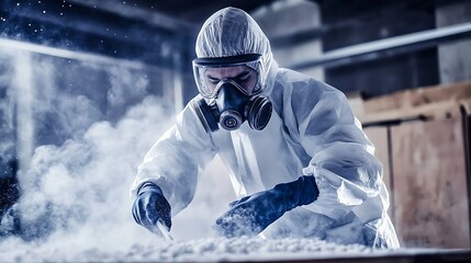 Safety measures are paramount as an industrial worker deals with hazardous asbestos.