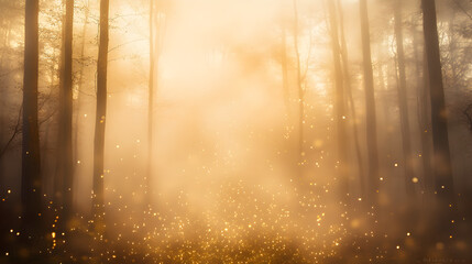 Enchanted Glow: Suspended Golden Sparkles in a Dreamy Fog
