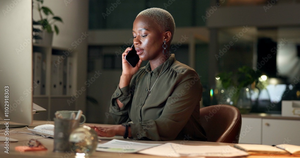 Canvas Prints Phone call, night and business with black woman, talking and connection in modern office. Employee, journalist and consultant in workplace, smartphone and communication with digital app and computer