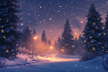 Naklejka premium A snowy winter scene with frosted pine trees, glowing streetlights, and falling snowflakes under a starry sky, evoking peace and magic