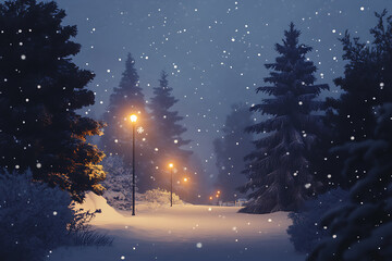 A snowy winter scene with frosted pine trees, glowing streetlights, and falling snowflakes under a starry sky, evoking peace and magic
