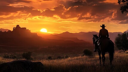 Fototapeta premium Serene rear view of a cowboy with his horse at dusk.