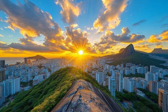 A sunset over the Pedra da G&Atilde;&iexcl;vea mountain in Rio, with the cityscape below bathed in golden light