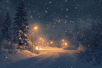 Naklejka premium A snowy winter scene with frosted pine trees, glowing streetlights, and falling snowflakes under a starry sky, evoking peace and magic