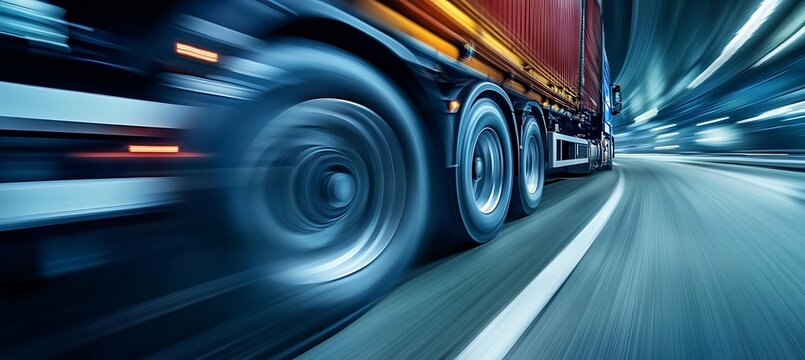 Close-up view of articulated truck wheels in motion on the highway.