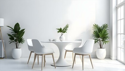A modern white dining table with four white chairs , a vase with a green plant , and a potted plant in the background against a plain white wall