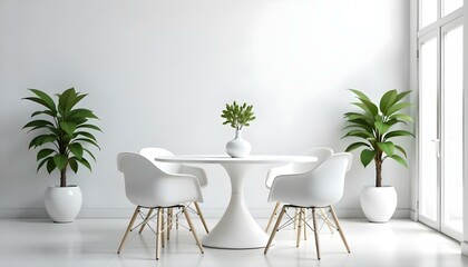A modern white dining table with four white chairs , a vase with a green plant , and a potted plant in the background against a plain white wall