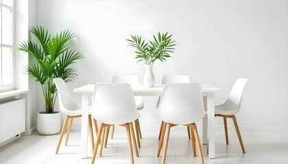 Fototapeta premium A modern white dining table with four white chairs , a vase with a green plant , and a potted plant in the background against a plain white wall