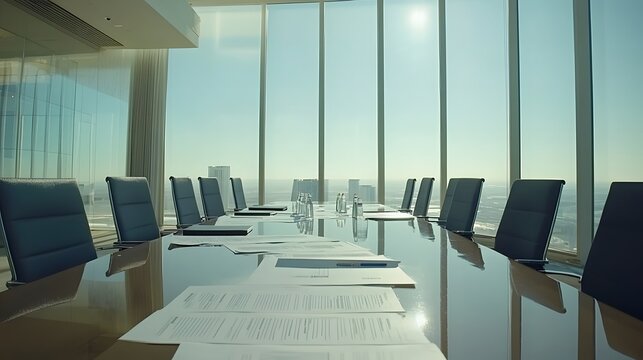Empty meeting room with scattered budget papers and vacant chairs, symbolizing the aftermath of intense decision-making and strategic planning sessions.