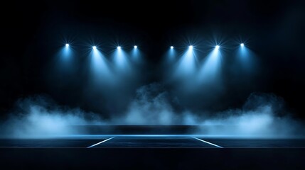 Illuminated stage featuring vibrant scenic lights and atmospheric smoke.