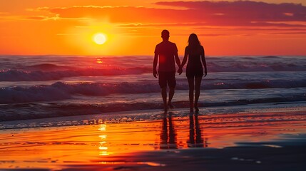 Couple Walking on Beach at Sunset
